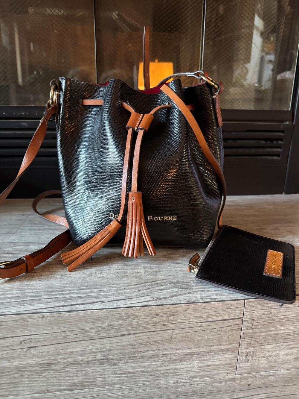 Dooney and Bourke Serena Leather black hot pink drawstring bucket purse wallet